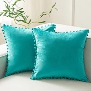 Teal Soft Velvet Pom Pom Trim Throw Pillow Covers